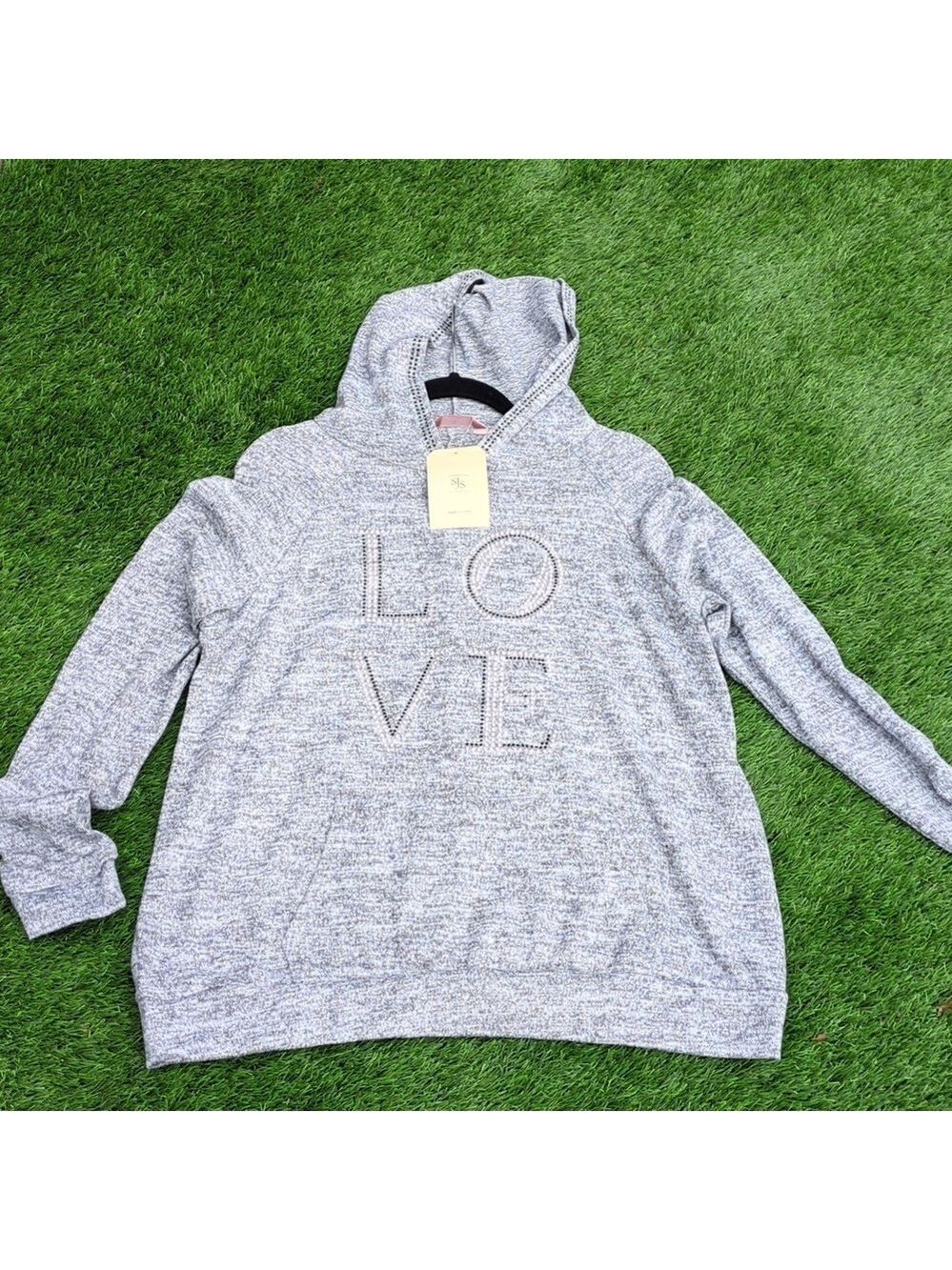 SJS Womens Gray Love Rhinestone Hoodie Plus Size 1X - Picture 3 of 7